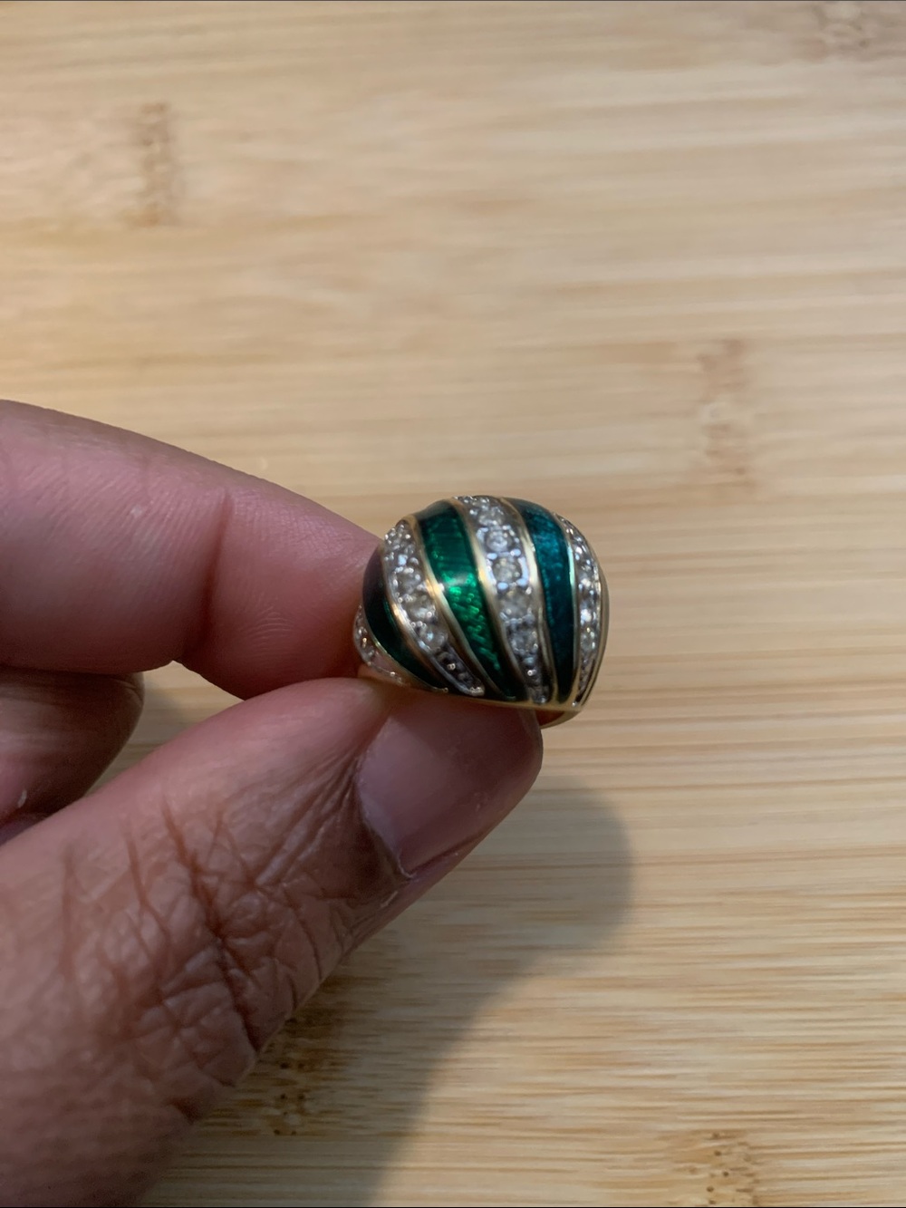 Vintage 18k Gold Plated Green Enamel Statement Dome Ring with Crystal Accents
